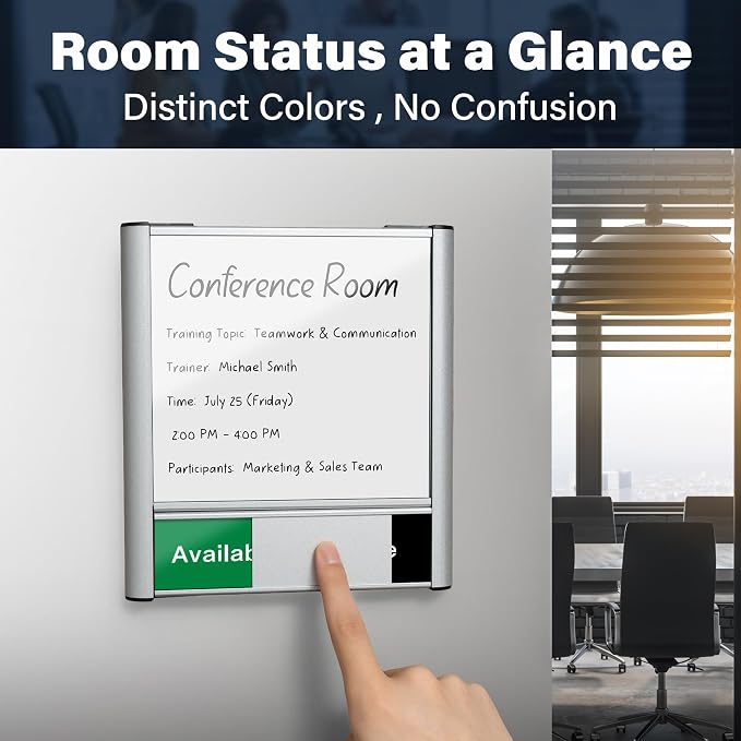 Conference Room Door Sign with Slider – Office Door Sign for Meeting Room, Writable Whiteboard Panel, DIY Custom Insert Options, In Use Available, Self-Adhesive Mount（Rounded Edges）