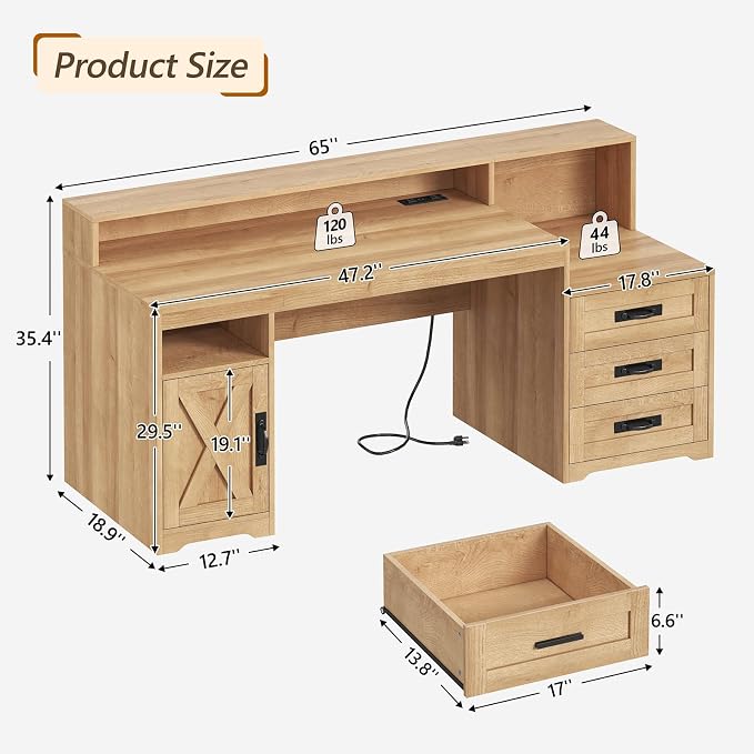 65" Farmhouse Computer Desk with Drawers and Printer Stand for Home Office | Office Desk with Power Outlets and Storage Cabinet, Study Writing Desks with Long Monitor Stand, Oak