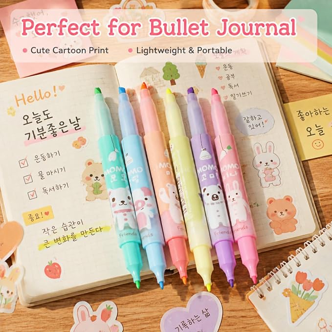 Double-Ended Highlighters Set 6 Pack, Bible Safe Gel Markers, Quick Dry, 6 Bright Colors for Journaling, Note Taking, Office Supplies