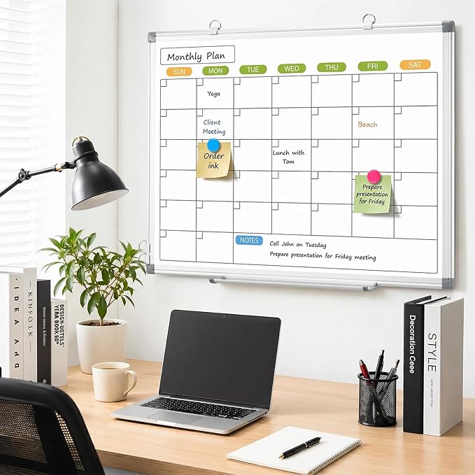 24" x 18" Magnetic Monthly Dry Erase Whiteboard Calendar for Wall | Double-sided & Smooth Writing Calendar White Board Hanging Aluminum Frame, Home, School, Office