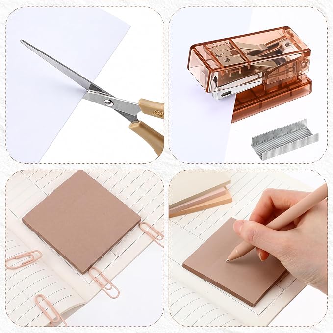 Khaki Mini Office Supplies Kit School Supplies Desk Accessories with Gel Pens Sticky Notes Stapler 1000 Scissor Paper Clips Index Tabs Box Cutter for Back to School Office