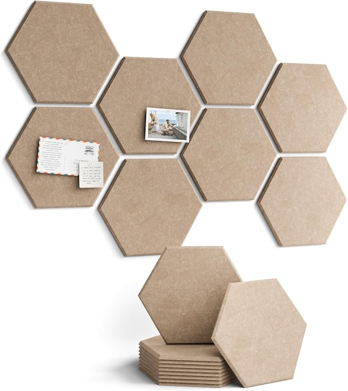 Fluxynara 8-Pack Hexagon Felt Bulletin Board Tiles, Taupe | Cork Board Alternative with 50 Adhesive Tabs for Notes, Photos and Reminders in Home Offices, Dorm and Classrooms