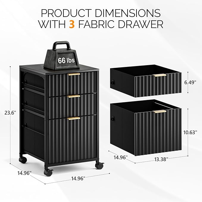VINGLI 3 Drawer Fluted File Cabinet, Rolling File Cabinet Mobile Under Desk File Cabinet with Wheels, Fabric Drawers Printer Stand for Home Office, Fits Letter Size, Black