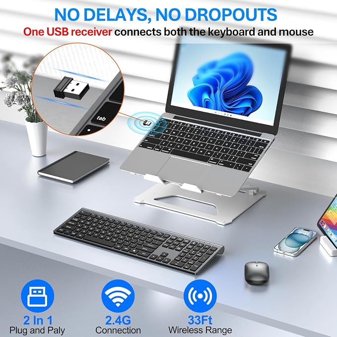 Wireless Keyboard and Mouse Combo, Ultra Slim Full Size Silent Keyboard | Scissor switch keys, quiet typing and clicking, 3 DPI adjustable mouse, 2.4GHz USB, for Computer,Windows, Mac, Laptop, PC