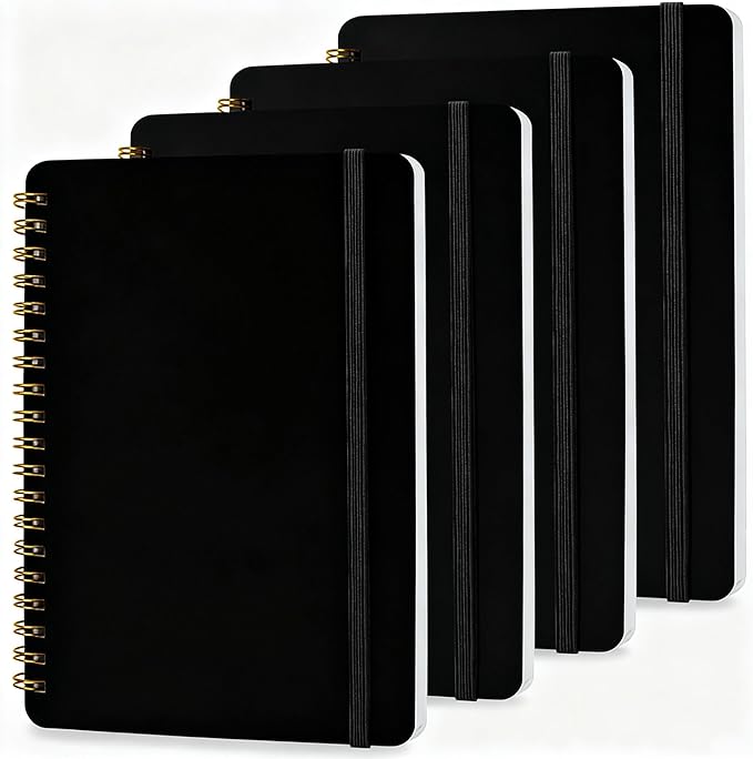 4 PCS Spiral Notebook, Spiral Journal Notebook, Notebooks for Work, Note Taking, School, Small Notebooks with Strap, Cute Notebooks for Women (Black)