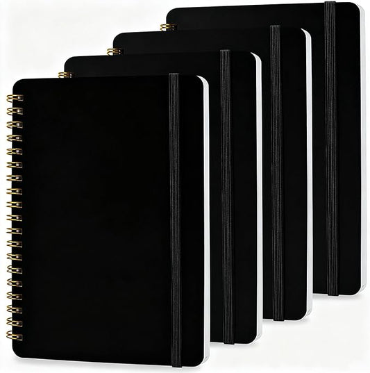 4 PCS Spiral Notebook, Spiral Journal Notebook, Notebooks for Work, Note Taking, School, Small Notebooks with Strap, Cute Notebooks for Women (Black)