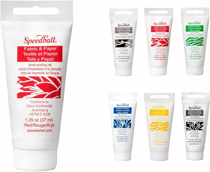 Speedball Premium Block Printing Ink Set - 6 Colors for Fabric and Paper - Water Soluble Oil Based Ink - 1.25 oz Each - Non Toxic Art Supplies