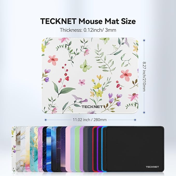 TECKNET Mouse Pad with Anti-fray Stitching, Waterproof Surface & Non-Slip Rubber Base with Stitched Edges Gaming Mouse Mat for Laptop，Compatible with Laser and Optical Mice - Flower