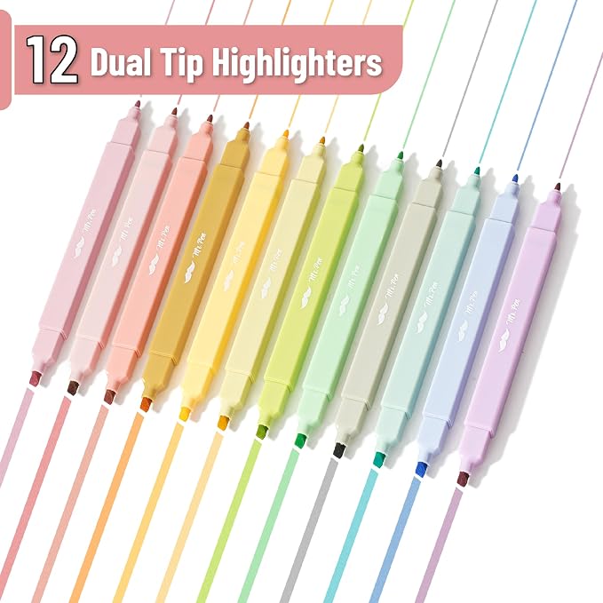Mr. Pen- Dual Tip Aesthetic Highlighters, 12 pcs, Chisel & Fine Tip | Cute Highlighters Assorted Colors for Journaling, Highlighting, Underlining, Fast Dry, Back to School Supplies