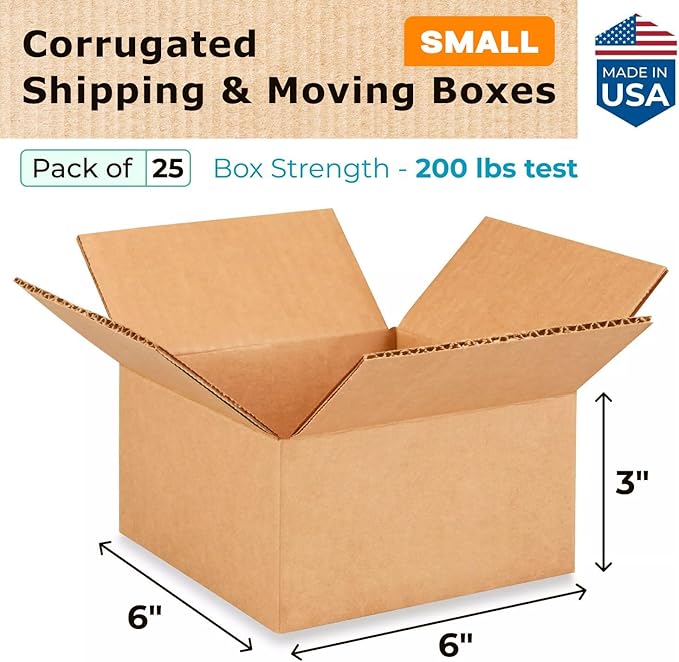Small Moving & Shipping Boxes 6"L x 6"W x 3"H (25-Pack) - Extra Strength 200 lb vs Regular - USA-Made Corrugated Moving Box - Small Cardboard Box - Moving Box Heavy Duty by IDL Packaging