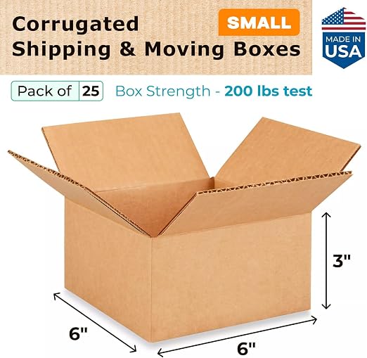 Small Moving & Shipping Boxes 6"L x 6"W x 3"H (25-Pack) - Extra Strength 200 lb vs Regular - Corrugated Moving Box, Made in USA - Small Cardboard Box - Moving Box Heavy Duty by IDL Packaging | Extra Strength 200 lb vs Regular - Corrugated Moving Box - ...