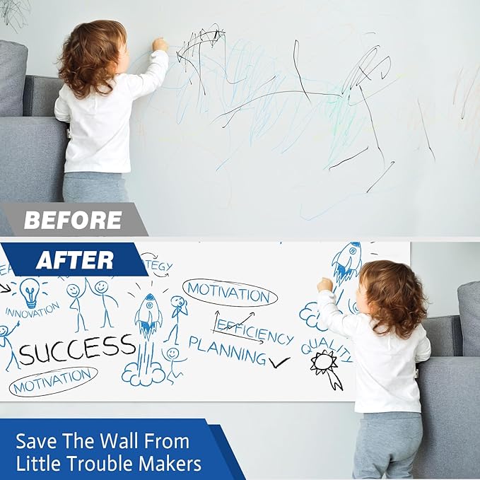 Magnetic White Board Sticker Adhesive 47"x16.5" Dry Magnetic Erase Board Paper for Wall Sticker Refrigerator Whiteboard Sheet for Teacher Supplies Include 3 Markers Eraser with Magnet