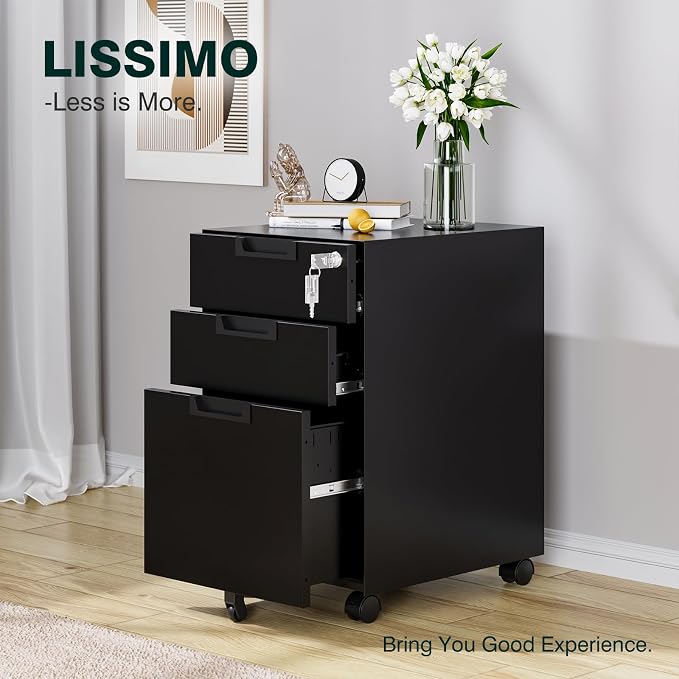 3-Drawer File Cabinet with Lock, Under Desk Rolling Filing Cabinet for Legal/Letter/A4 File Folder, Printer Stand, Metal Storage Cabinet on Wheels for Home Office(Fully Assembled，Black)