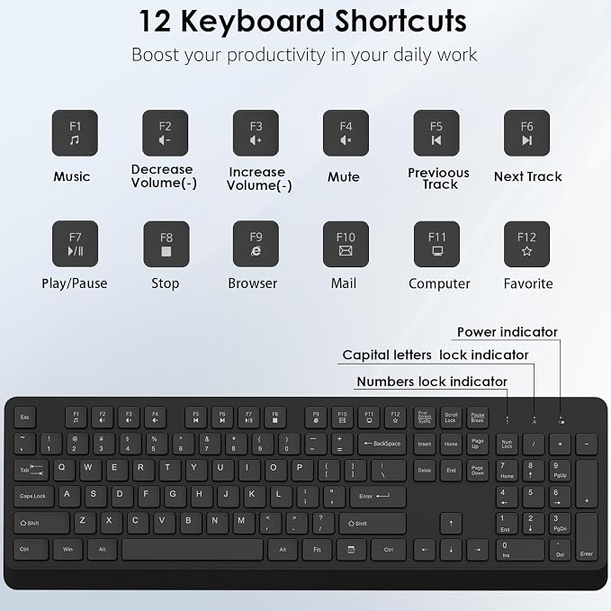 BKA BYA Wireless Keyboard and Mouse Combo,Full Size Quiet Keyboard and Mouse, 2.4GHz USB Receiver, Cordless Silent Keyboard and Mouse for PC, Windows, MAC, Laptop, Black