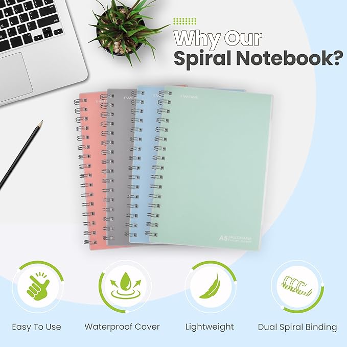 TWONE Spiral Notebook, 7"x10", 140 line Ruled Pages, Waterproof Frosted PP Cover, Blue, Ideal for School, Office, and Personal Use