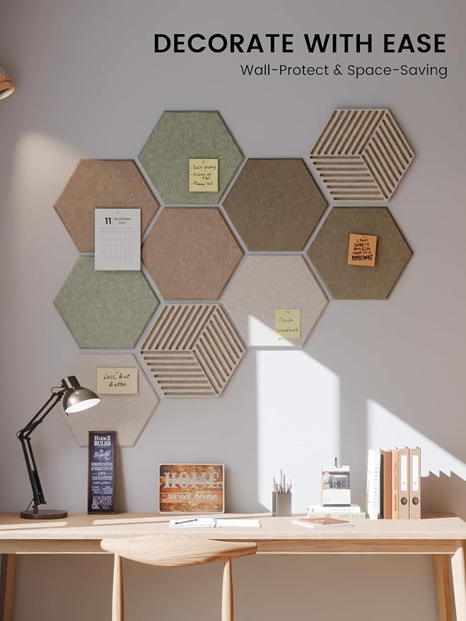 Fluxynara 10-Pack Hexagon Felt Bulletin Board Tiles, Linen Dusk | Cork Board Alternative for Wall Decor and Vision Boards, with 50 Adhesive Tabs for Home, Office, Classroom or Dorm.