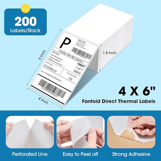 Fuxury Thermal Labels 4x6 200 Labels Fanfold Direct Shipping Label with Perforated and Strong Adhesive Mailing Stickers Paper Thermal Printer Sticker for Most Printer Shipping Supplies