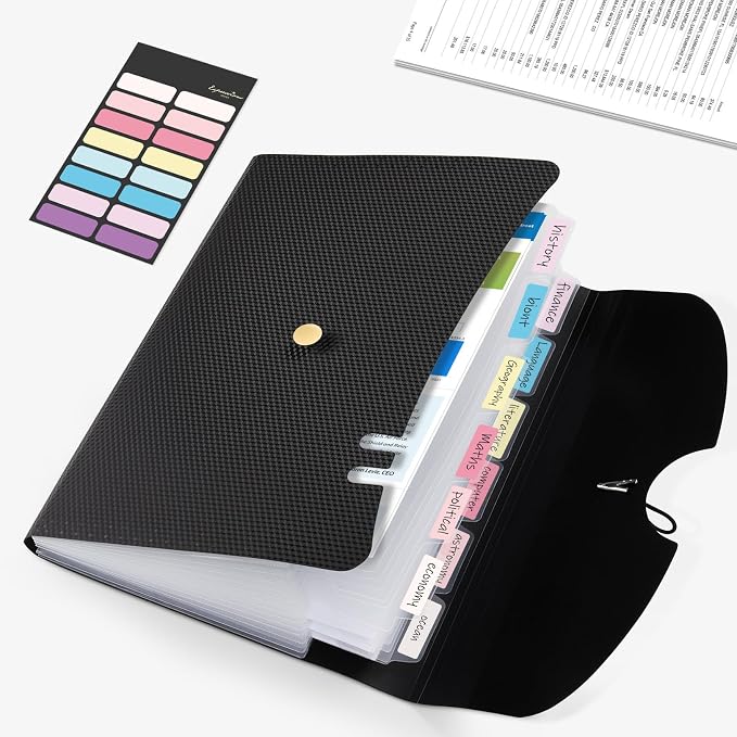 Sooez Expanding File Folders, 13 Pocket Accordion File Organizer, Letter/A4 | Monthly Expandable File Folder for Documents with Labels, Portable Bill Receipt Organizer for School Office Supplies