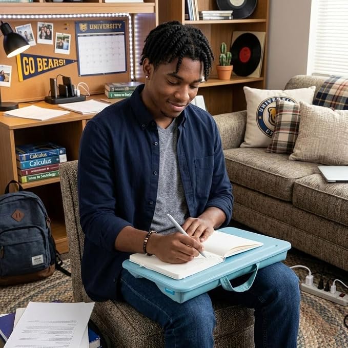 LAPGEAR Compact Lap Desk – Sky Blue, Fits 14" Laptops | Microbead Cushion, Built-In Pencil Slot, Carry Handle, Fits Standard Letter-Size Paper (8.5" × 11")