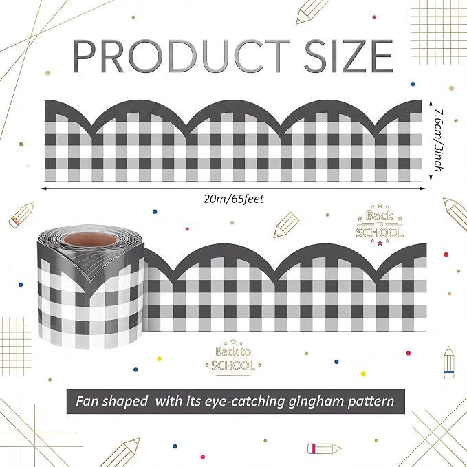 Zonon 65ft Black and White Gingham Bulletin Board Border,3 inch | Scalloped Edge Trim for Classroom Walls, Whiteboards, Desks, Windows, Doors, Lockers, Back to School Decoration Supplies