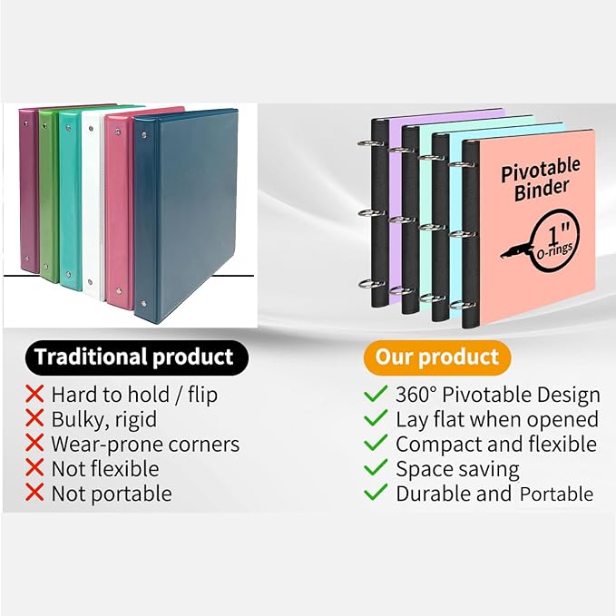 LETVPVOW 360° Pivotable 3 Ring Binder, Soft 1 inch Binders 3 Ring, Flexible Thin Soft Three Ring Binder Fits 8.5" x 11", for Home, School and Office-Green