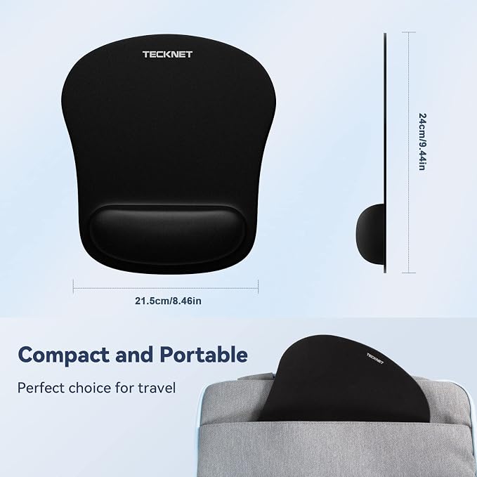 TECKNET 2 Pack Gaming Ergonomic Mouse Pad with Wrist Support Black | Soft Memory Foam, Fast Rebound, Pain Relief，Waterproof Surface, Non-slip Base