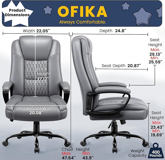 Leather Office Desk Chair,Ergonomic Office Chair with Lumbar Support,Computer Chair,Executive Leather Chair with Padded Flip-up Arm,Adjustable Armrests, Black,275LBS