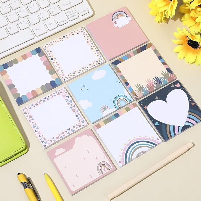9 Pads Boho Sticky Notes, 3x3 Inch Cute Stick Notepads | Adhesive Memo Notes Pad, Coworker Gifts, Office Supplies Decor, Desk Accessories for Students, Teacher, Meeting