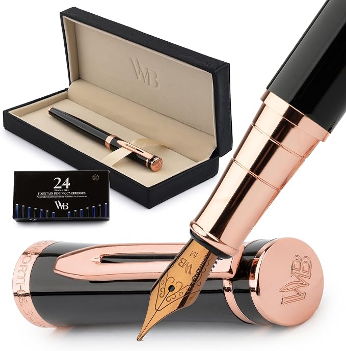 Wordsworth & Black Fountain Pen Set for Writing,Medium Nib, Black Rose Gold | Gift for Men & Women, Brass Body, 18K German Iridium, Calligraphy, Converter + 24 Ink Cartridges, Refillable, Leak-Free
