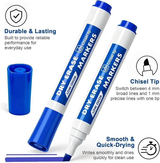 Dry Erase Markers with Eraser, 36 Count Chisel Tip Whiteboard Markers | 4 Assorted Colors, Low Odor, Non-Toxic, Quick-Dry Ink, for Office, Classroom, Back-to-School Supply