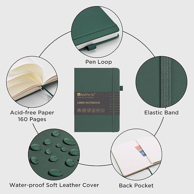 &And Per Se Lined Notebooks Bulk 5-Pack, A5 Hardcover Journal, 160 Pages 100gsm Thick Paper, Classroom Supplies for Students, Teachers, College Ruled Notebooks for School Office (Green)
