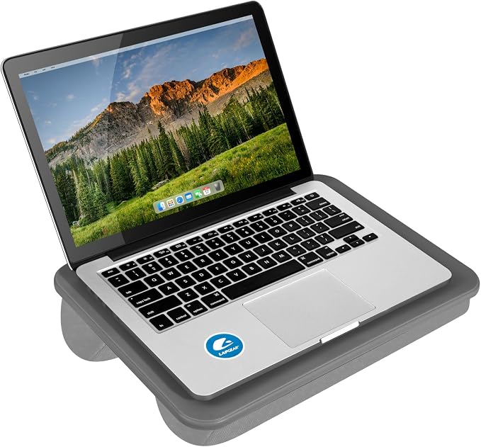 LAPGEAR Compact Lap Desk – Charcoal, Fits 14" Laptops | Microbead Cushion, Built-In Pencil Slot, Carry Handle, Fits Standard Letter-Size Paper (8.5" × 11")
