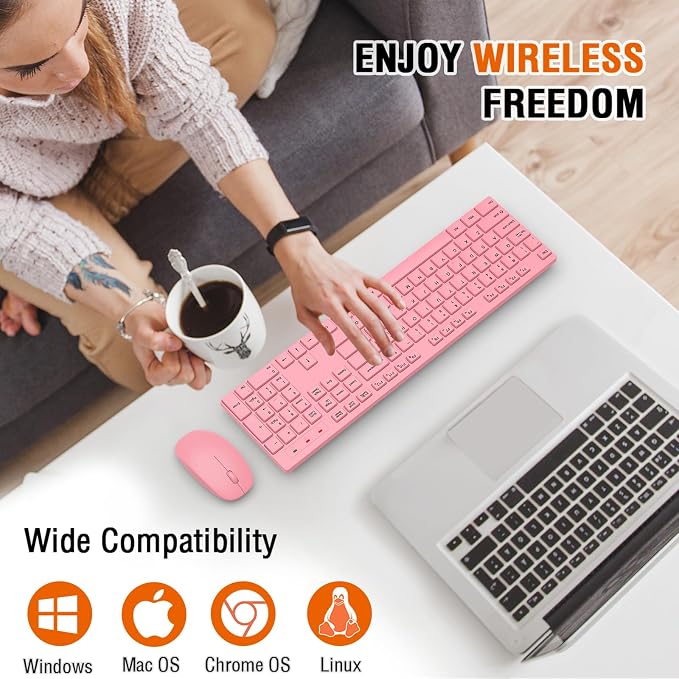 Wireless Keyboard and Mouse Combo, EDJO Silent Full Size Cordless USB Keyboard Mouse, 2.4GHz Lag-Free, Long Battery Life, for Computer, Laptop, PC, Chromebook, Windows (Pink, 1 Pack)
