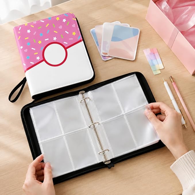 4 Pocket Card Binder 400 Card Holder Album, Pink Donut Trading Cards Holder Zipper Binder for Girl Teen Collection (Pink Donut, 400 Pocket)