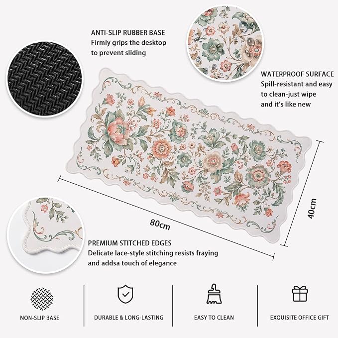 Vintage Floral Scalloped Desk Mat Sage Peach Botanical Scroll Flower Mousepad XL Large Gaming Mouse Pad Laptop Keyboard Mat Desk Pad Office Home Decor for Women Girl 31.5"x15.7"