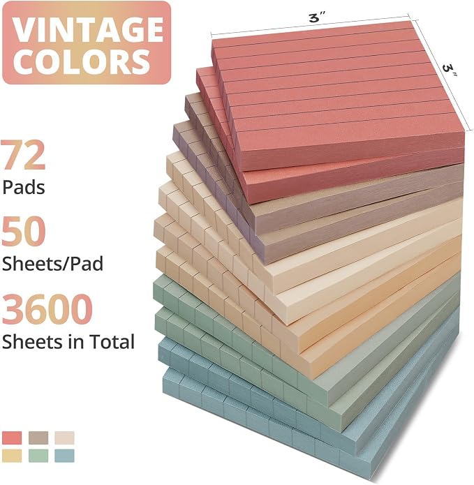 Taja Lined Sticky Notes, 72 Pads, 3 x 3 Inches, 50 Sheets/Pad, Vintage | Bulk Sticky Notes with Lines for Office, Study & Daily Organization, Self-Stick Note Pads for Notes and Reminders