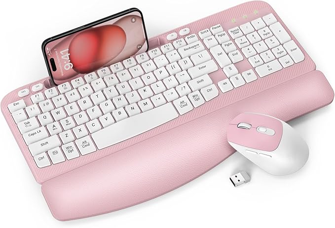 Wireless Keyboard and Mouse Combo, Wave Keys Full-Sized Ergonomic Keyboard with Cushioned Plam Rest, Phone Holder, Comfortable Natural Typing, 2.4G Cordless Set for Computer, Laptop, Pc, Mac, Windows