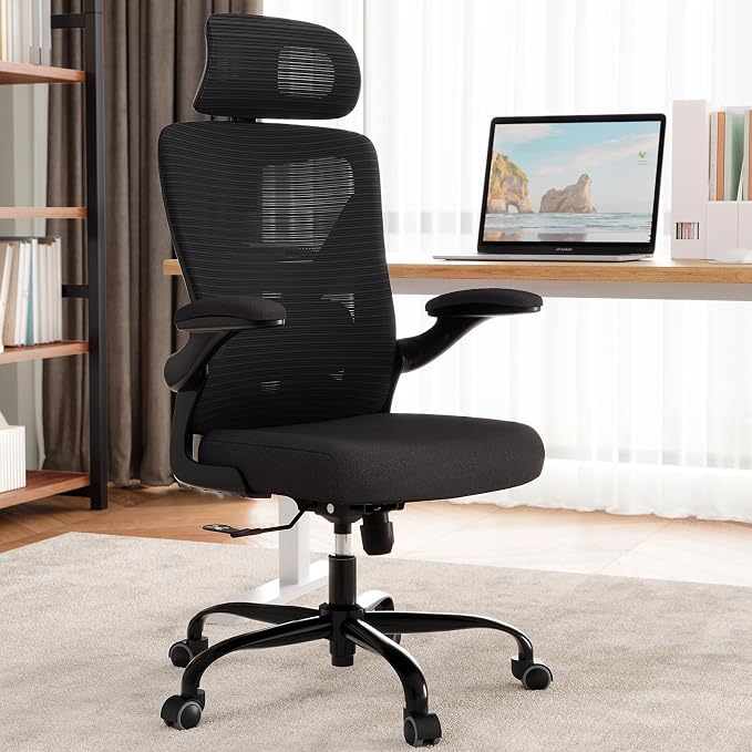 Ergonomic Office Chair: Mesh Desk Chair Comfy with Headrest& Lumbar Support | Ergalithic Big and Tall Office Chairs with Wheels & Flip-Up Arms-Computer Gaming Chairs for Adults (Black-Pack of 8)