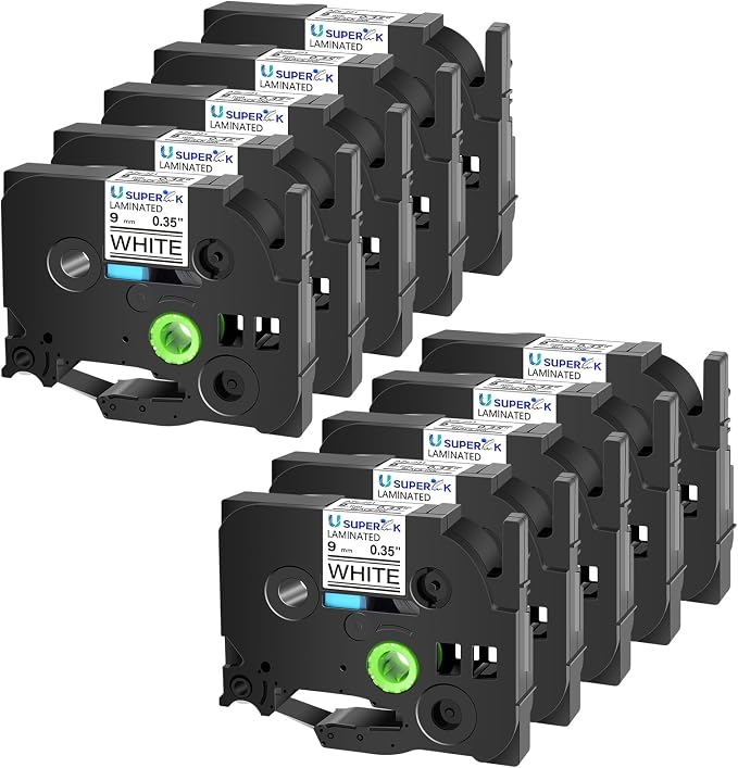 10 Pack TZe-221 9mm 0.35 Laminated White Tape Compatible with Brother P Touch Label Tape 3/8 inch TZe TZ-221 TZe221 Black on White TZe TZ Label for PT-H100 PT-H110 D200 D210 D400 D600