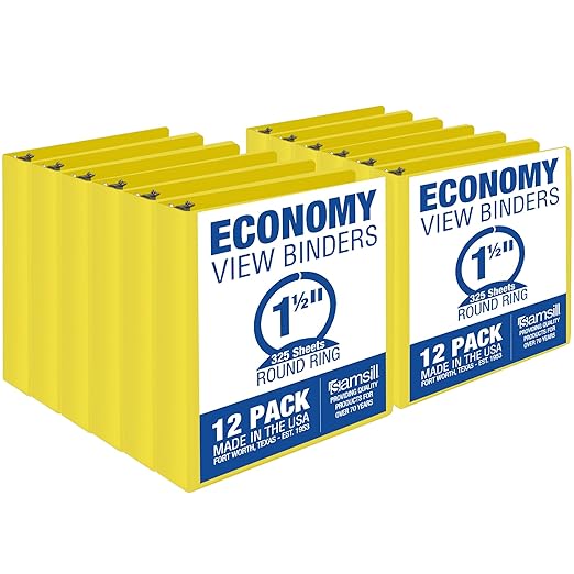 Samsill 1.5 Inch 3 Ring Binders, Economy Round Ring, Clear View Cover, 325 Sheet Capacity - for School, Home, Office - Yellow, 12 Pack