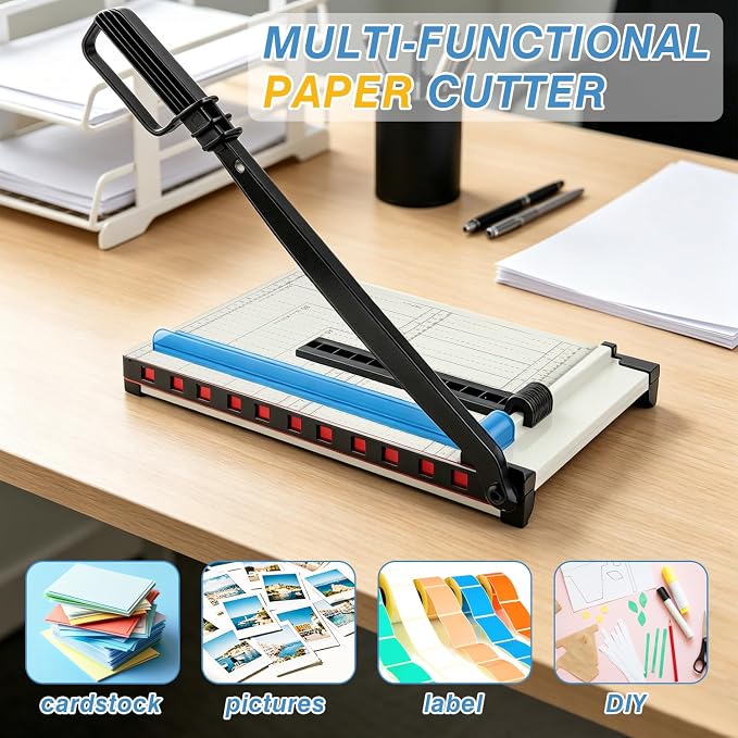 Paper Cutter, 12" Cut Length Guillotine Trimmer, Paper Cutting Board with 10 Sheet Capacity Papers, Metal Base Papers Slicer with Safety Guard for Classroom Office Home Cardstock Crafts & Photo