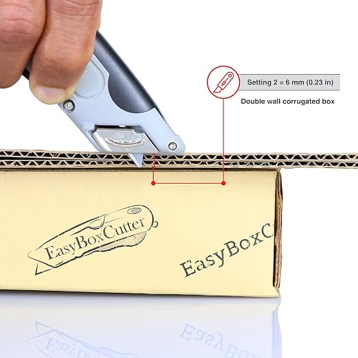 Modern Box Cutter, auto Retract, Blade Vanishing Technology, Extra Tape Cutter at Back, Dual Side Edge Guide, 3 Blade Depth Setting, 2 Blades and Holster - Grey Color 4000