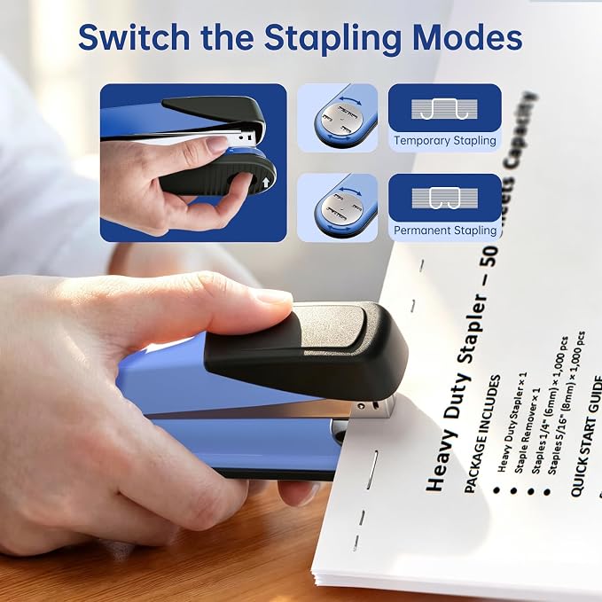 Metal Stapler Heavy Duty for Desk - 50 Sheet Capacity with 2000 Pieces 1/4", 5/16" Staples and Staple Remover, No Jam, Non-Slip, Stapler Heavy Duty for Classroom and Office, Blue