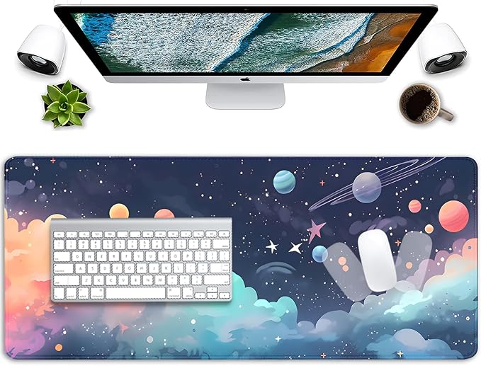 Cosmos Desk Mat Mouse Pad,Anime-Inspired Space Scene Mousepad, Cute Aesthetic Stars and Planets,Large Galaxy Mouse Pad,Cute Desk Mat for Home Work Ofiice(27.5X11.8 in)