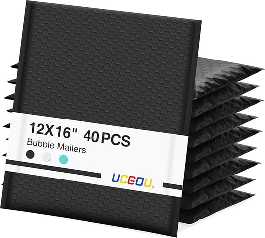 UCGOU Bubble Mailers 12x16 Inch 40 Pack Usable Size 12x15 Inch Large Padded Envelopes Black Waterproof Packaging Bags for Shipping Self Seal Strong Adhesion Envelopes for Jewelry Makeup Supplies