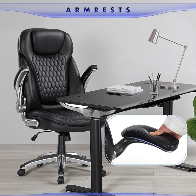 COLAMY High Back Executive Office Chairs, Ergonomic PU Leather Desk Chairs with Flip-Up Armrests, Adjustable Height, Lumbar Support, Comfortable Computer Chairs for Home Office, Set of 2