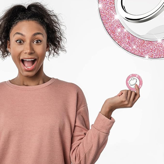 Magnetic Phone Ring Holder for magsafe, Glitter Magnetic Grip Compatible with iPhone 17 16 15 14 13 12 Pro max,Pro,Plus,Mini,Pixel 10 Series Mag Safe Accessories,Adjustable Kickstand,Pink