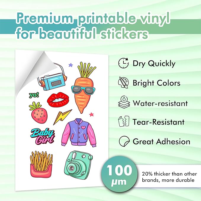 Koala Printable Vinyl Sticker Paper for Inkjet Printer - 50 Sheets Matte White Waterproof Sticker Printer Paper, 8.5x11 Inch, Work with Cutting Machine