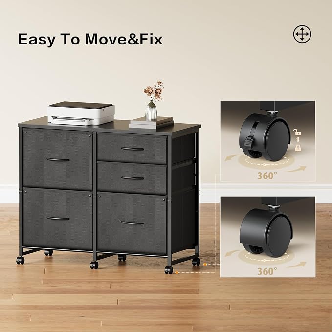 YeTom Lateral File Cabinet with 5 Drawers Rolling Filing Cabinets Under Desk Storage Printer Stand with Wheels,Mobile File Cabinet for Home Office,Black