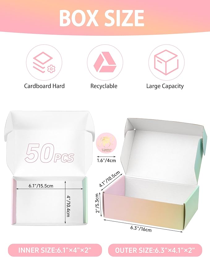 6x4x2 Small Shipping Boxes for Small Business, Pack of 50 Colorful Cardboard Boxes for Shipping